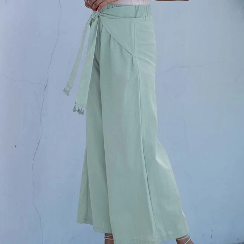 

2020 Long Wide Leg Pants Women Casual Linen Pants Lace Up Woman Pants High Waist Cotton Trousers Woman Wide Leg Trousers Black
