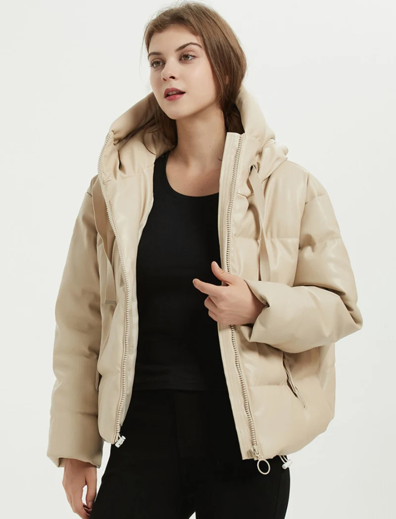 

2021 Streetwear Winter Hooded Thick Jackets Women Fashion Zipper Parkas Women Faux Leather Cotton Jackets Female Ladies