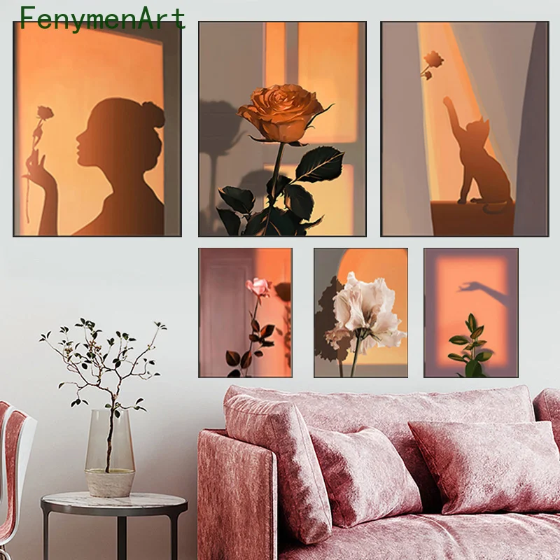

Nordic Light And Shadow Flowers Woman Cat Poster Print Woman Plant Canvas Painting Modern Minimalist Art Picture Room Home Decor