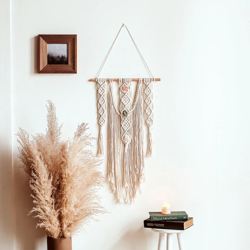 

Nordic Cotton Rope Woven Tassel Tapestry Inlaid with Stone Home Wall Hanging
