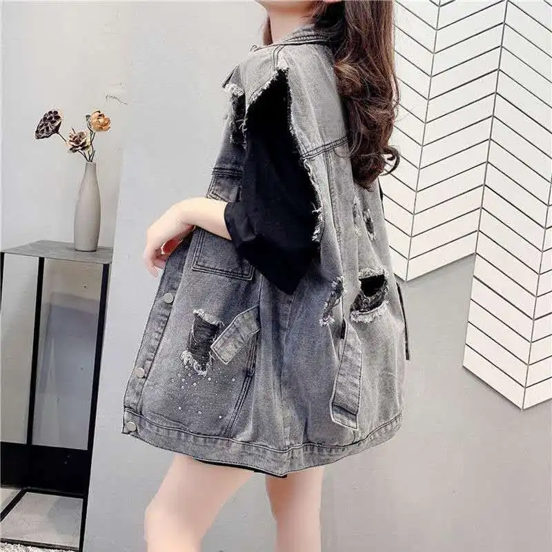 

Woman Jacket Vest Spring autumn hole Ripped Denim Vest Women's Coat Sleeveless Vests Waistcoat Women Chaleco Mujer Y470