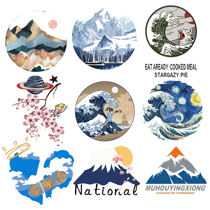 

Van Gogh Patches Iron-On Transfers For Clothing Mountain Patches Wave Thermal Stickers Space Patches On Clothes Applique Stripes