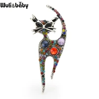 wulibaby vintage rhinstone cat brooches for women metal multi color cat animl casual party brooch pins gifts