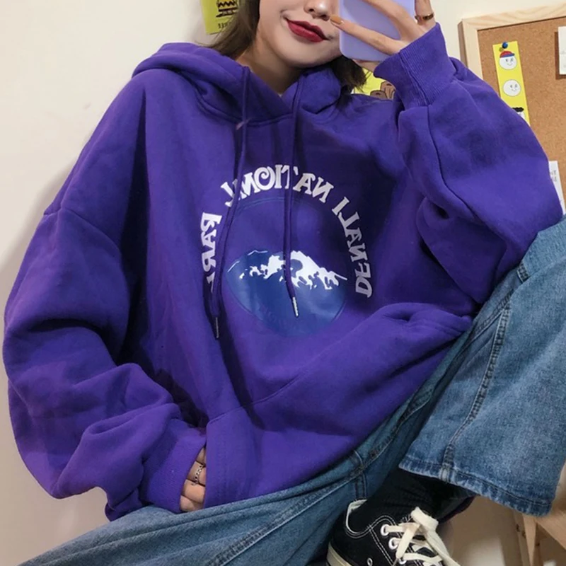 

Letter Print Pullovers Hooded Sweatshirt Women Hoodies Long Sleeve Loose Pocket Drawstring Plus Velvet Streetwear Tops Girls