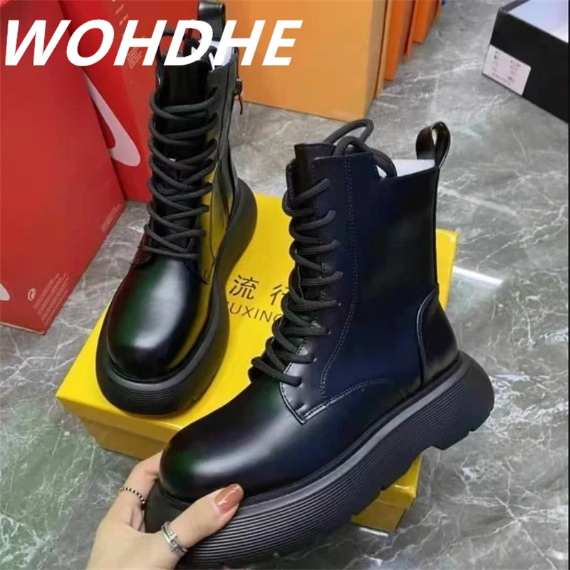 

WOHDHE Women Boots British Platform Lace-up PU Leather Martin Boots Non Slip Footwear 2021 Shoes Botas Mujer Boots Mid-calf