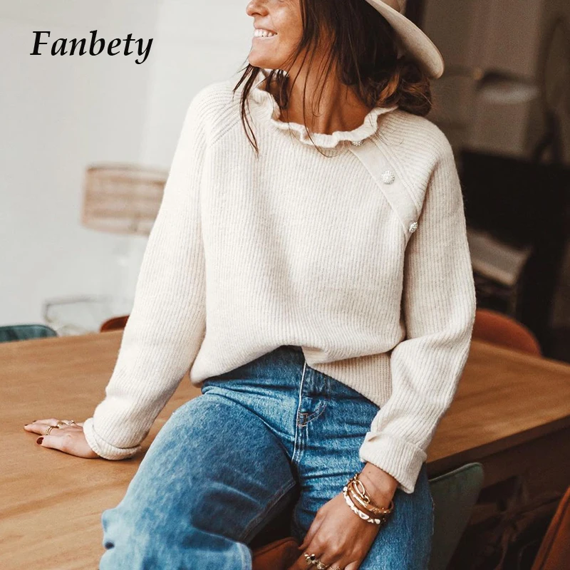 

Warm Knitted Sweater Casual Solid Long Sleeve Tops Pullovers Women Elegant Ruffles Neck Button Autumn Winter Sweaters Streetwear