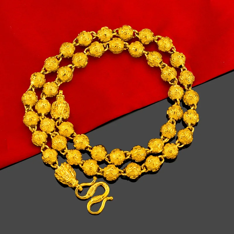 

Retro Domineering Frosted Beads Six-Character Mantra Necklace for Mens 24K Gold Dragon Head Design Necklace Male Buddhist Jewelr