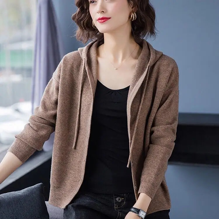 

Knitted hooded sweater cardigan women's early spring 2020 new loose style with short sweater coat women's spring and autumn top