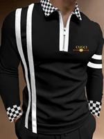 2021 autumn new black mens polo shirt white stripe printed long sleeve polo shirts high quality zipper design sports tops