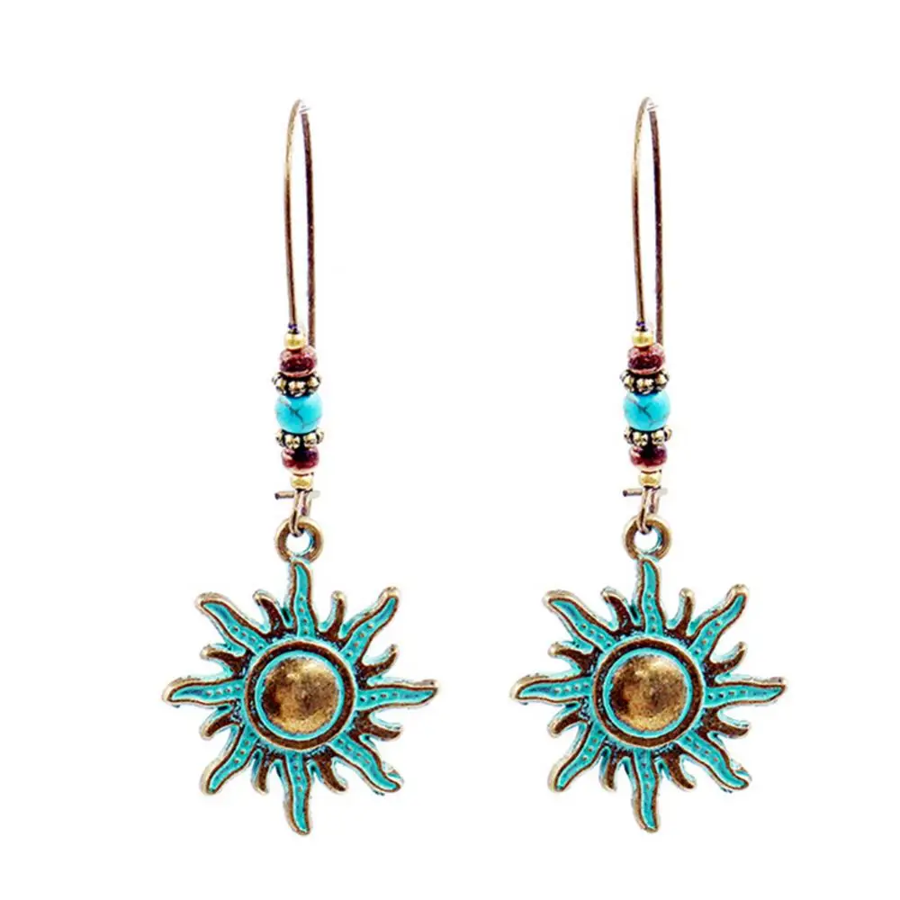 

Vintage Women Long Sunflower Charm Faux Turquoise Beaded Statement Earrings Gift