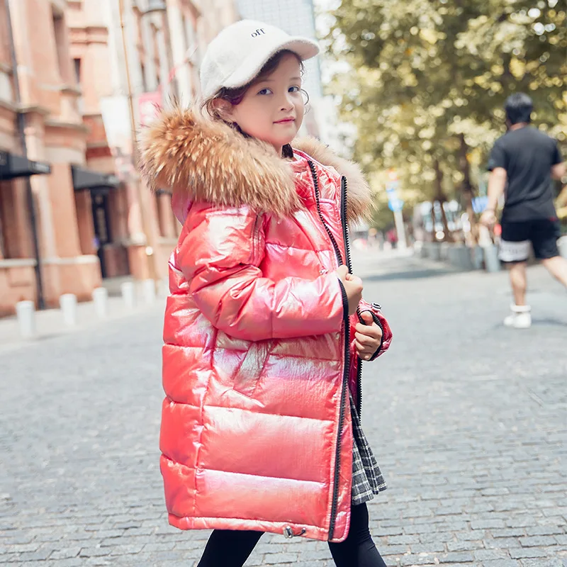 

Girl Winter Down Coat Raccoon Fur Collar Solid Shiny White Duck Jackets Windproof Warm Outerwear For Children Parkas Clothes