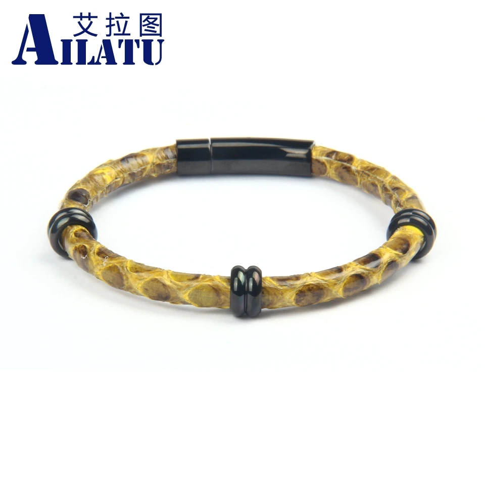Ailatu Genuine Python Leather Bracelet with Stainless Steel Spacer Beads Clasp Buckle Bangle for Men Women | Украшения и