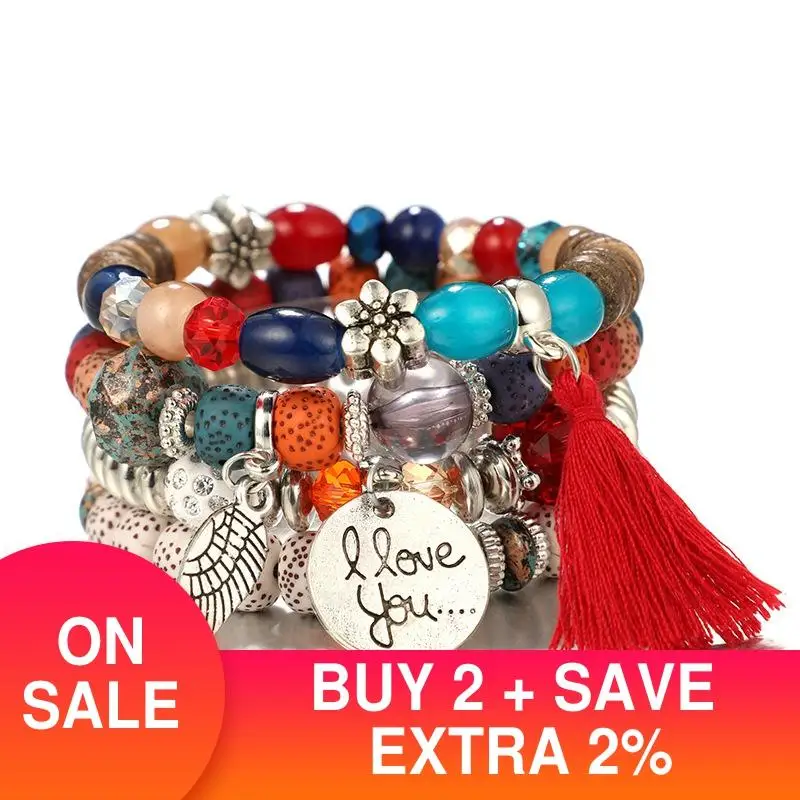 

2021 New Bohemian Wings Letters Fringed Flowers Bracelet 4 PCS Vintage Charm For Women Jewelry Wholesale Valentine's Day S5737
