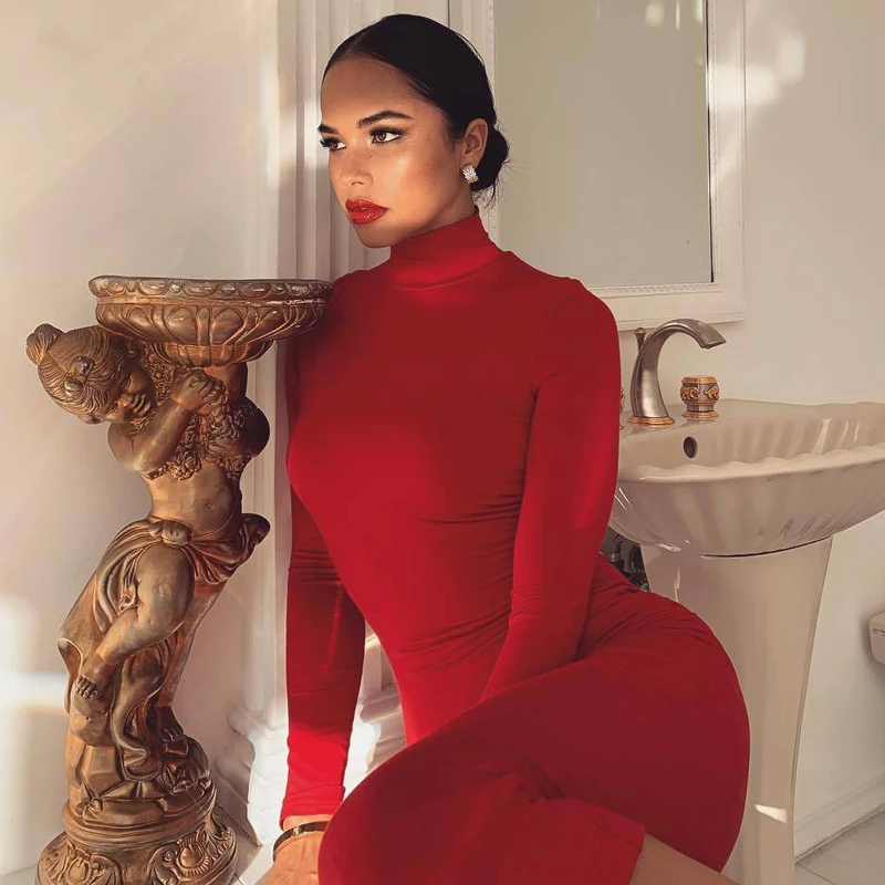 Водолазка с длинным рукавом Миди платье Vestido женское осенне зимнее тонкое