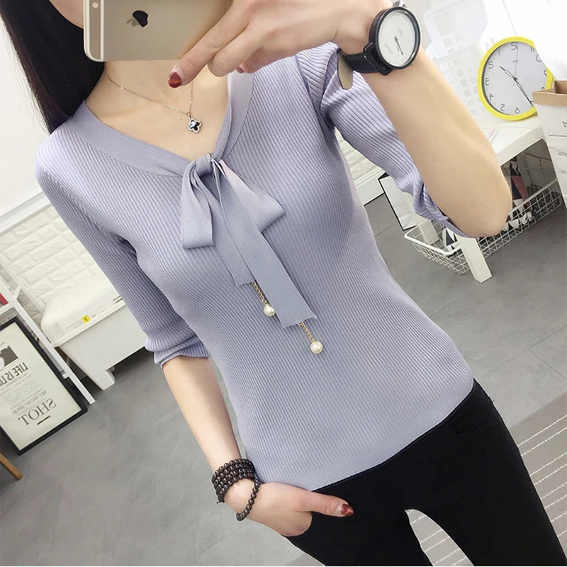 

Ladies Bow Sweaters Tops Half Sleeve Slim V-neck Knitting Sweaters Bottom Shirts Autumn Women Casual Pullovers Sweater FP1263