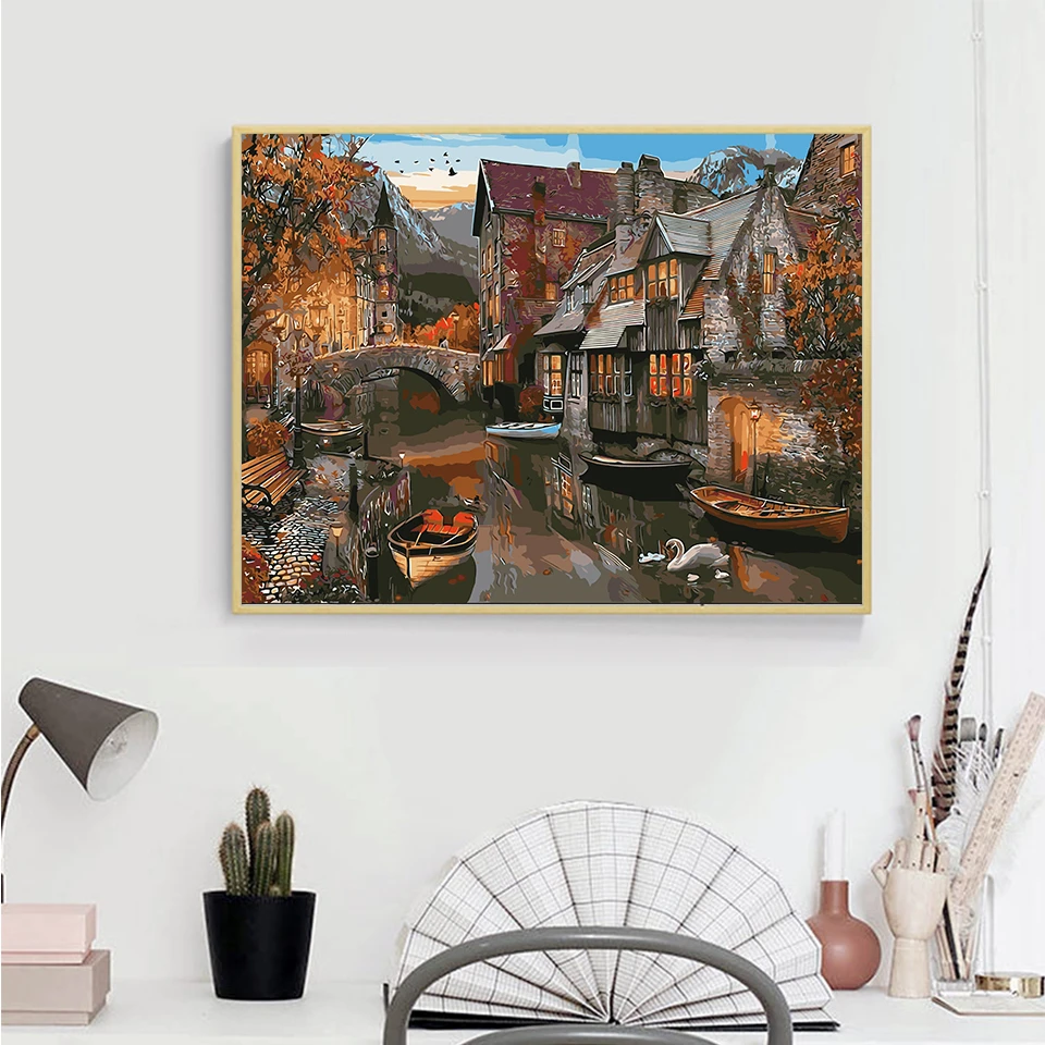 AZQSD Diy Краски ing по номерам маленький городок декорации холст ручной ed Wall Art пейзаж