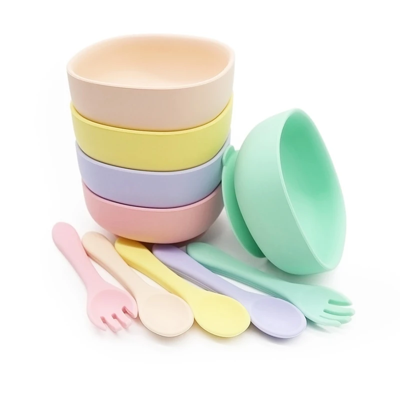 

BPA Free Silicone Baby Suction Cup Base Bowl Training Spoon Fork Set Tableware