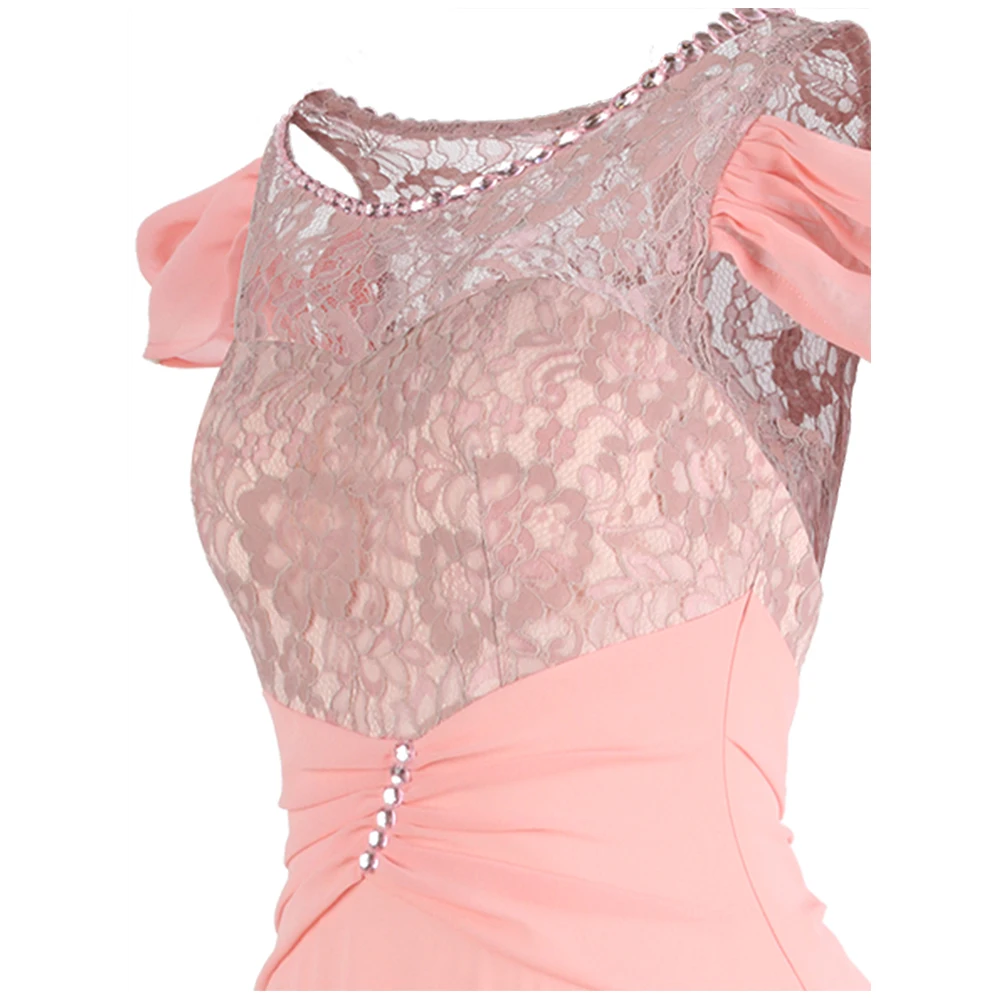 Angel-fashions Women's Off Shoulder Beading Illusion Lace Pleated Maxi Elegant Evening Dress Link Pink W-191005-S |