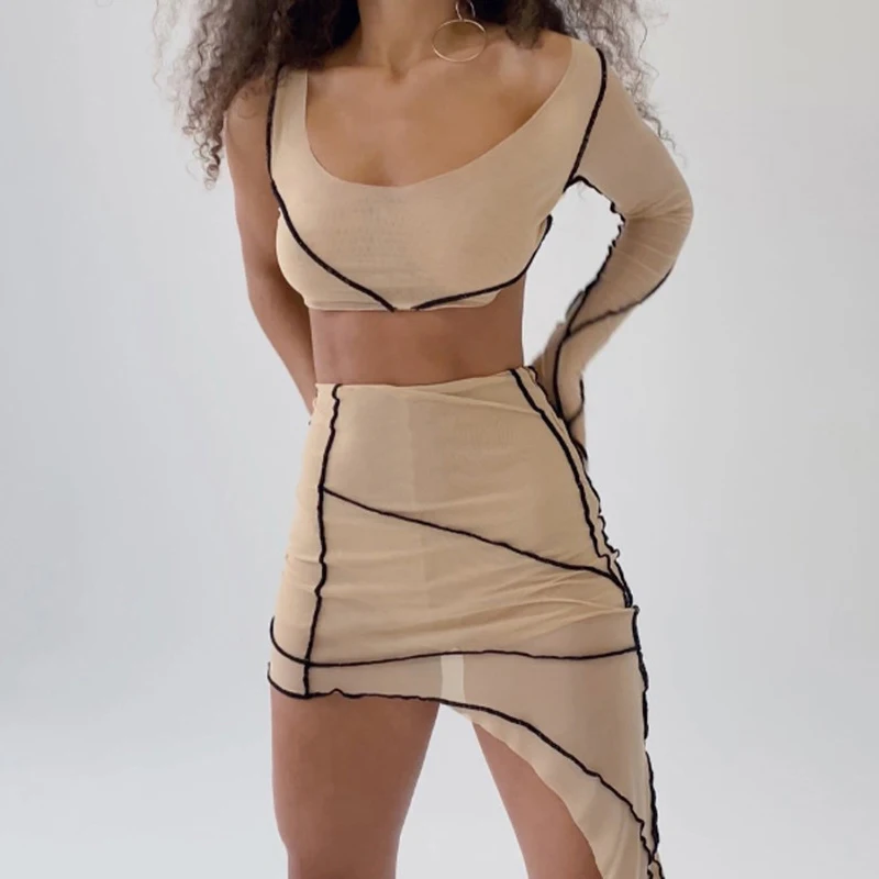 

Crop Top And Short Skirt Suits Women Summer Elegant Sexy Bodycon Tulle Mini Dress Sets Party Fashion Holiday 2 Two Piece Set