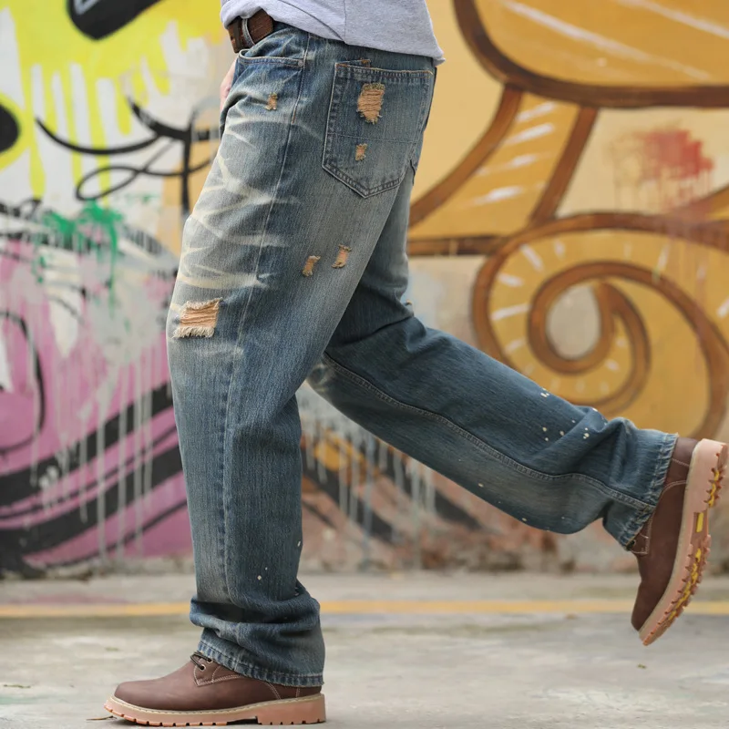 Retro Men Baggy Jeans Leisure Hole Stripe Straight Large Size Wide Leg Denim Pants Hip Hop Skateboard Blue Tattered Trousers