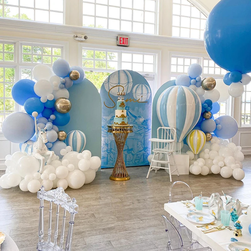 

YAYAZI 150pcs Chrome Gold Blue White Color Matte Latex Balloons Garden Arch Kit for Gender Reveal Birthday Party Decor Supplies