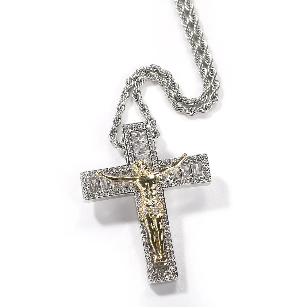 

Hip Hop Iced Out Crucifix Cross Two-color Religious Jesus Baguette Zircon Pendant & Necklaces for Men and Women Rock Jewelry