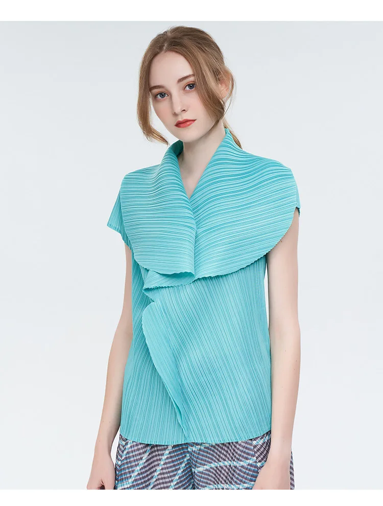 

Мияки зимняя обувь со складками, воротник "Лотос" лето синий Комфортный топ с короткими рукавами, большеразмерная Футболка One Piece