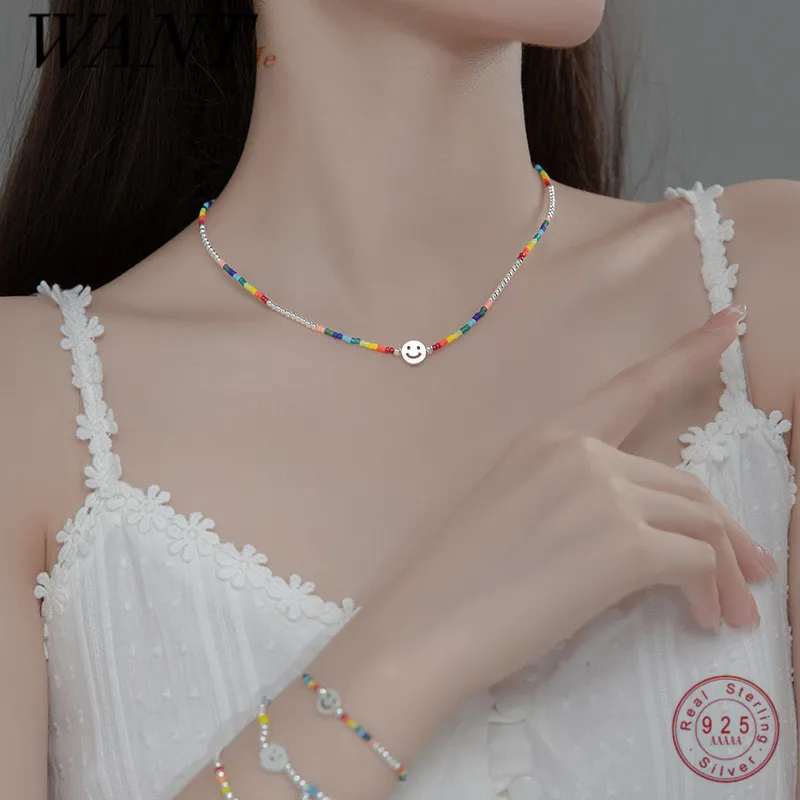 

WANTME Lucky Smile Silver Necklace for Women 925 Sterling Silver Boho Rainbow Beaded Handmade Statement Jewelry Collares Femme