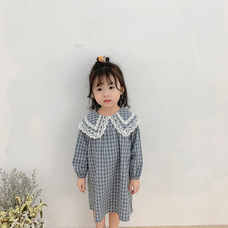 Baby Girls Plaid Dress Korean Style Autumn New Chic Children Princess Dresses Lace Collar Robe Toddlers Kids Clothes