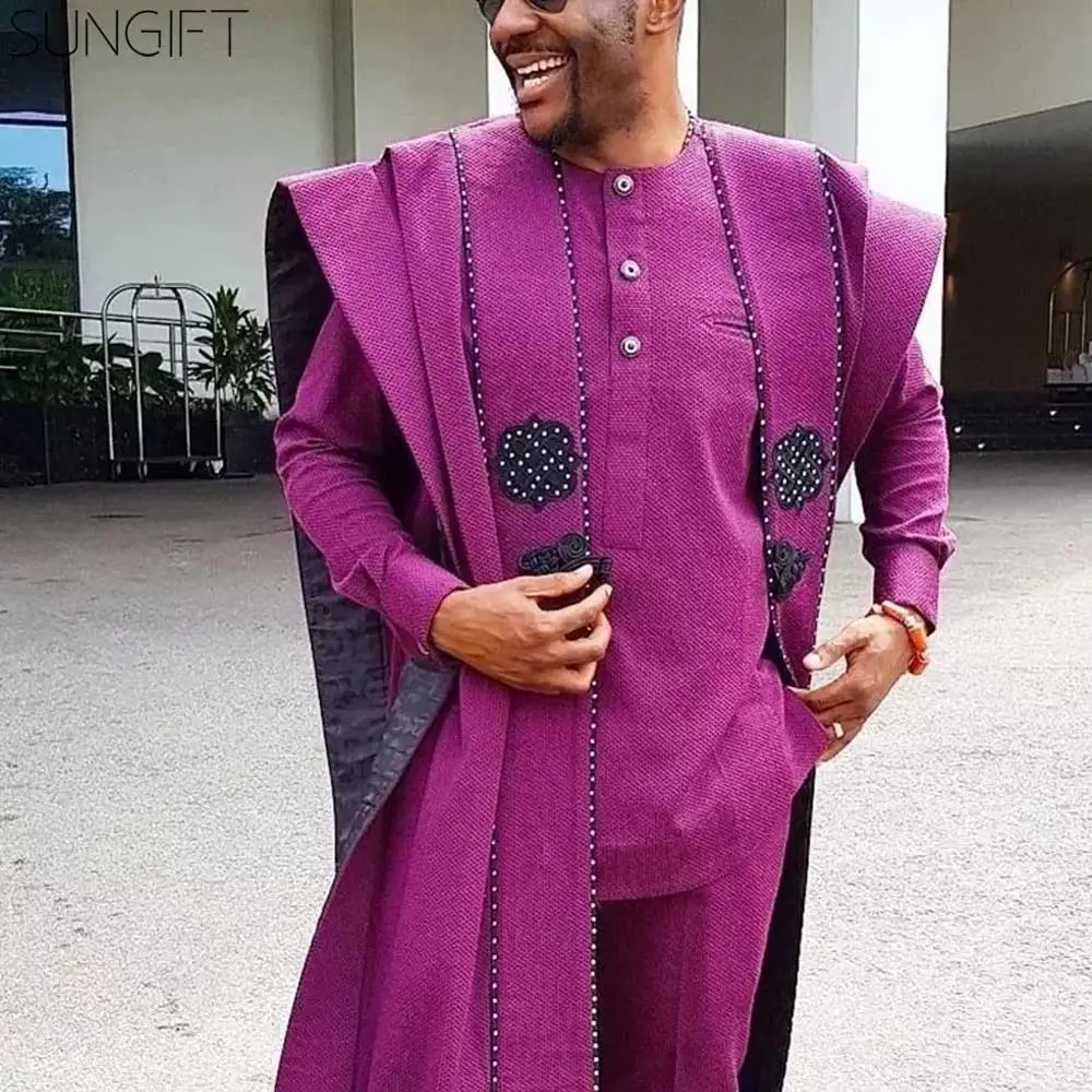 SUNGIFT Men's African Stylish Clothing Printed Agbada Dashiki Top Shirts and Pants Boubous Slim Fit Breathable Outfits 3 Pieces