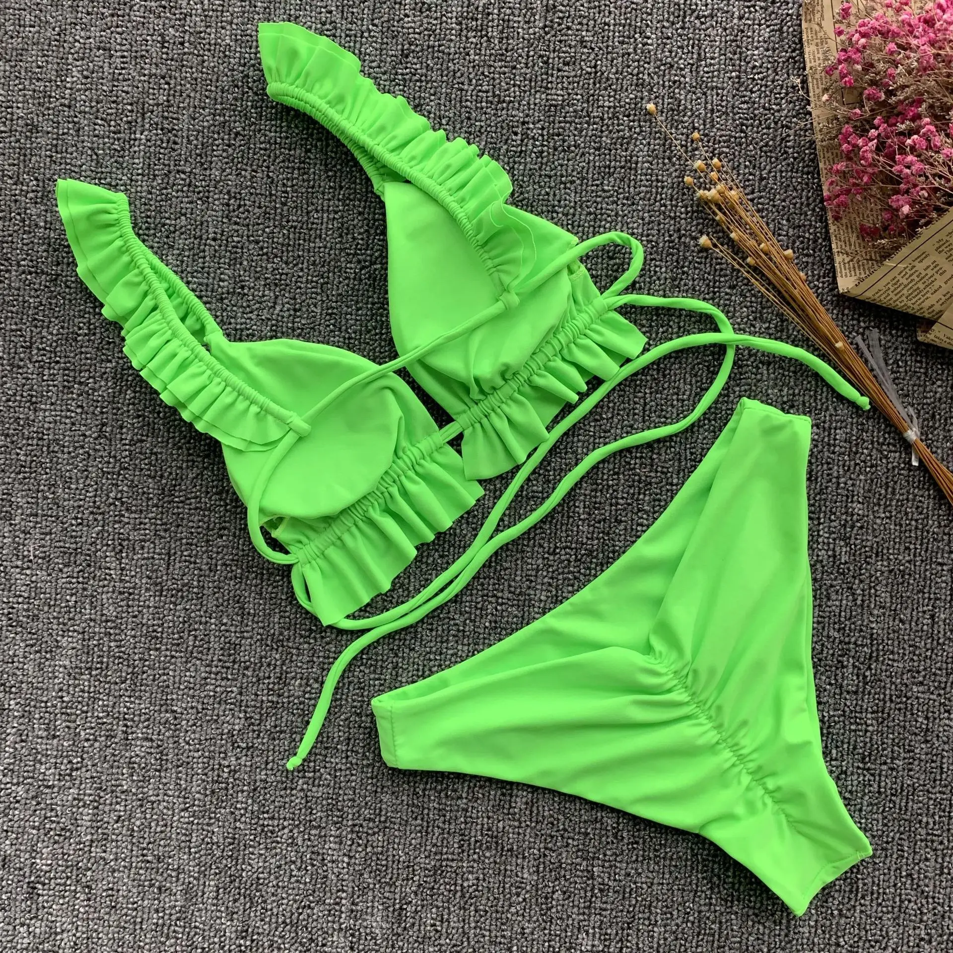 

Prowow Sexy Push Up Women Bikini Set Ruffle Lace Up Bra Panty Two Piece Bathing Suits Summer Soild Female Swimsuits Beachwear