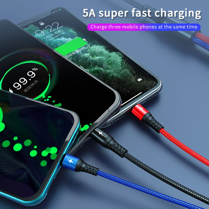 

5A Fast Charge 3 in 1 USB Cable for iPhone 12 11 Pro Max xiaomi Huawei 2in1 8 Pin USB C Type C Micro Super Fast Charging Cable
