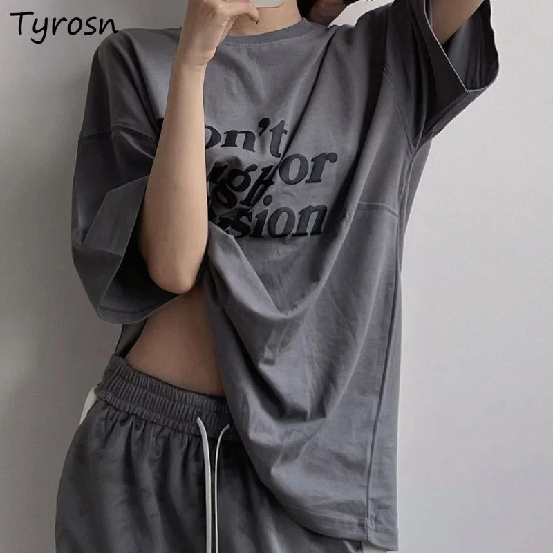 

Short Sleeve T-shirts Women Gray Letter Design Casual Tops Loose Summer Fashion Korean Style Streetwear Chic All-match Students