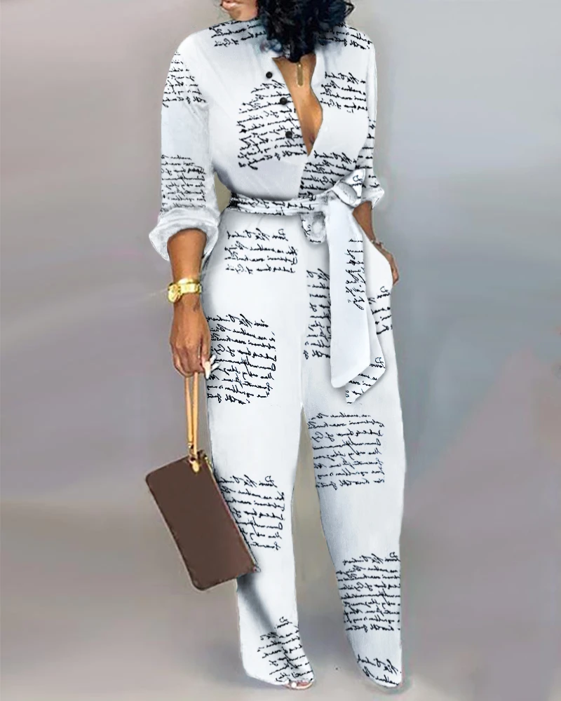 2020 Women Elegant Fashion Party Romper Female V-Neck Knotted Club Letter Print Casual Knotted Jumpsuit