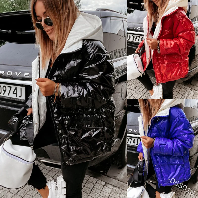 

Winter new products women's bright face hooded color matching cotton coat jacket top