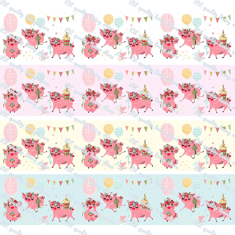 

16-75MM Cartoon Party Pig Printed Grosgrain Ribbon 50 Yards Tape Clothing Bakery Hairbow Gift Wrapping Accessory Hairbow Head