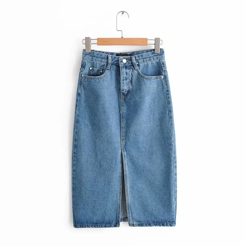 

Sexy Denim Skirts For Women 2021 Fashion Split Mid Calf Length Skirts Lady Vintage Pocket Blue Saia Ladies High Waist Midi Skirt