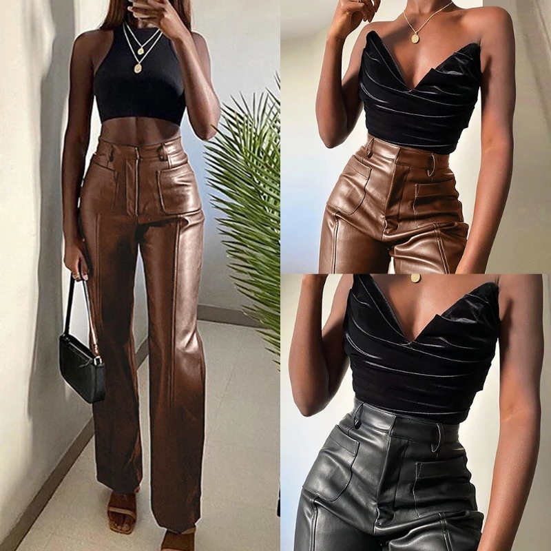 

Women Autumn Faux Leather Long Pants High Waist Double Pockets Straight Leg Trousers Solid Color Slim Fit Streetwear