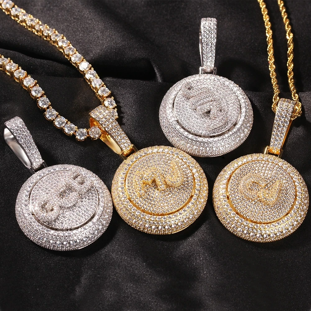 

Round Name Necklace Rotatable Initial Letters Round Pendant Full Iced Out CZ Hiphop Jewelry Best Gift For Women