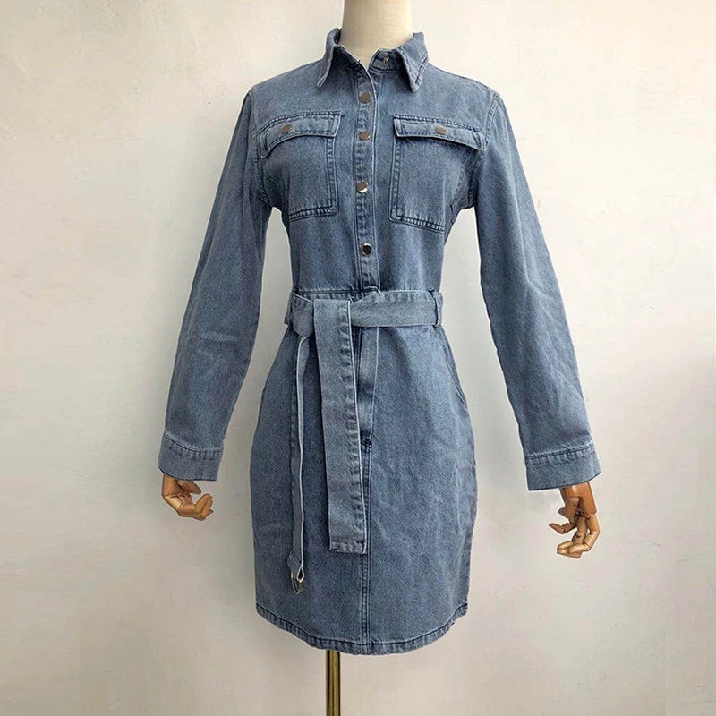 

Women Autumn Casual Jeans Dress 2021 Female Winter Slim Sashes Long Sleeve Dresses Button Solid Blue Washed Denim Dress
