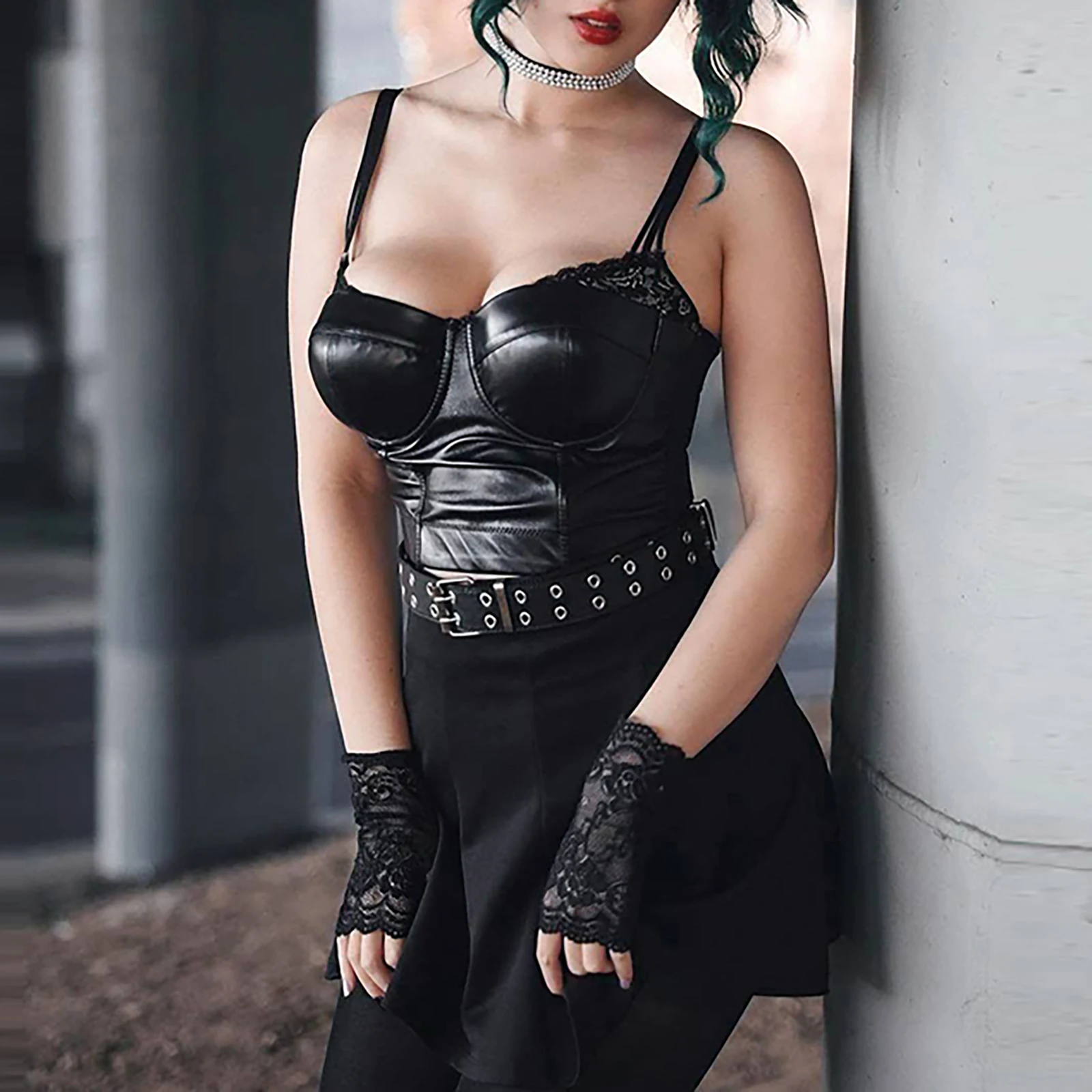 

Womens Solid Color Tank Lace Patchwork Sleeveless Crop Tops Shoulder Straps V Neckline Camisole Wetlook Leather Style Vest Top