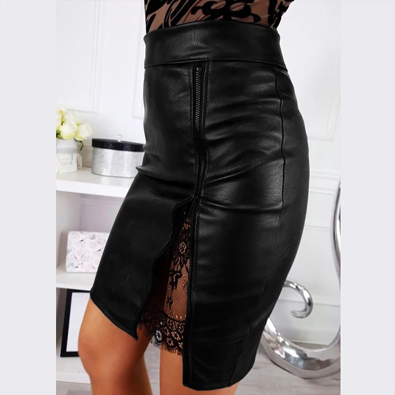 Женская юбка из искусственной кожи элегантная облегающая однотонная черная с