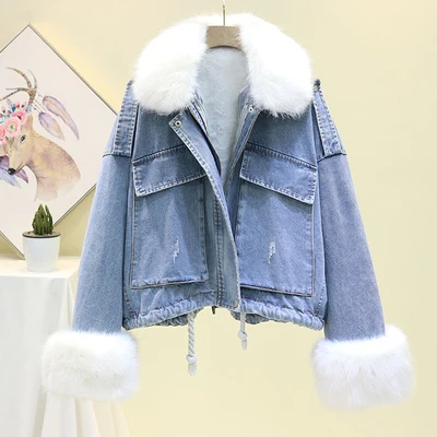 white blue coat Зимняя Съемная плюшевая джинсовая куртка с толстой подкладкой, парка, женская короткая джинсовая куртка с большим меховым воротником, женская теплая Свободная верхняя одежда - Цвет: white blue coat