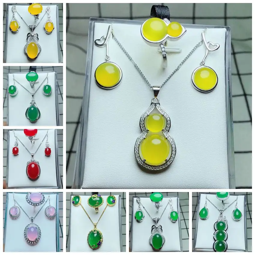 

Wholesale Natural Agate Green Chalcedony S925 Silver Inlay Set Women Three-Piece Earring Ring Pendant