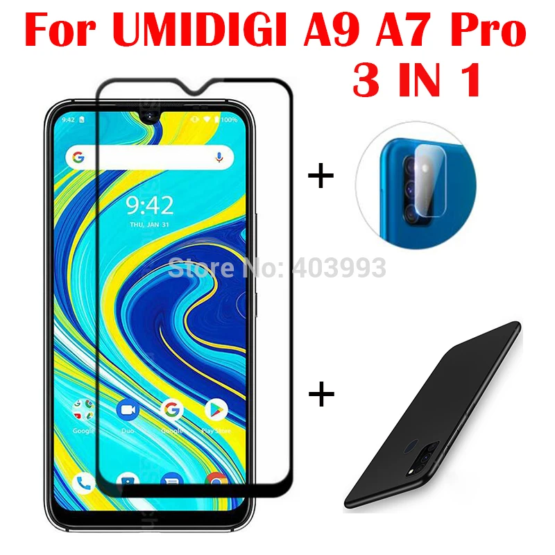 3 в 1 чехол Стекло для UMIDIGI A9 A7 Pro Экран протектор полная защита на Камера объектив