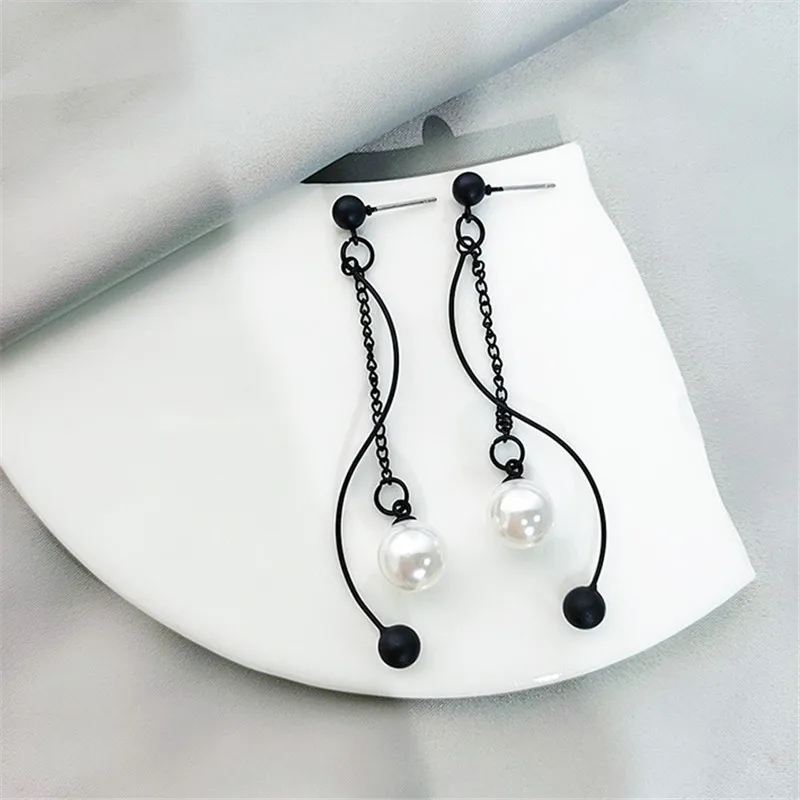 Новинка Корейская версия черные серьги с длинной кисточкой элегантные жемчугом