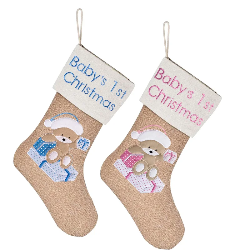 

2021 Baby Boy Girl 1st First Christmas Stocking present gift candy toy bag Xmas tree rustic Fireplace Holiday Hanging Decoration