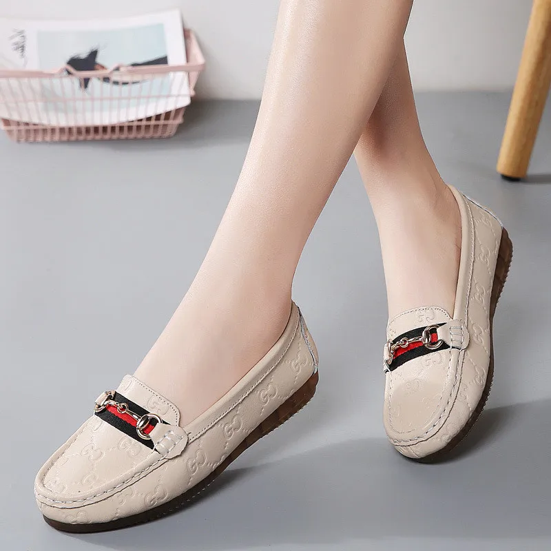 

2021 Women Flats Ballet Shoes Genuine Cowhide Leather Breathable Moccasins Boat Ballerina Ladies Casual Loafers Off White
