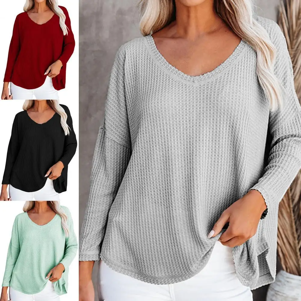 

Women Blouse Solid Color All Match V Neck T Shirt Long Sleeve Elastic Knitted Top for Daily Wear Casual Oversize Autumn Blouse