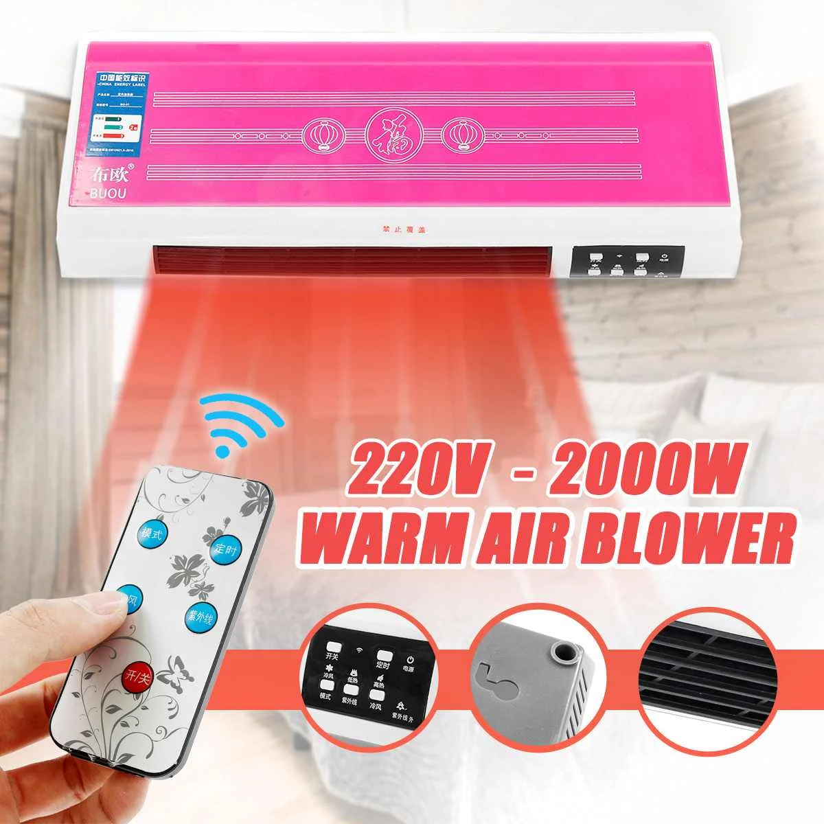 

2000W 3-Speed Electric Heater Air Conditioner Electric Timing Air Heating Fan Stove Warmer Radiator Remote Control Wall Mounted